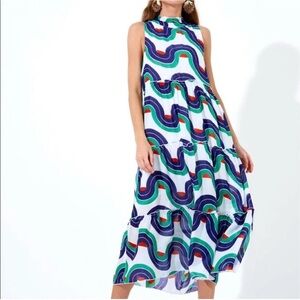 Oliphant M Ruffled Tiered Midi Dress Nouveau Navy Cotton Silk Women Mod Preppy